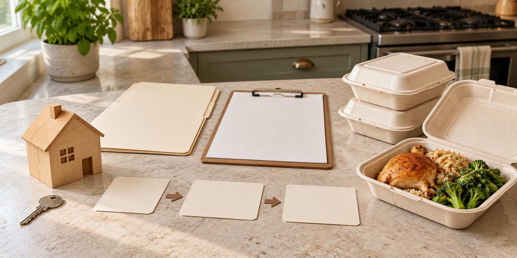 A cooked takeout meal, wooden house model, blank permit folder, clipboard, key, and decision cards on a home kitchen counter.