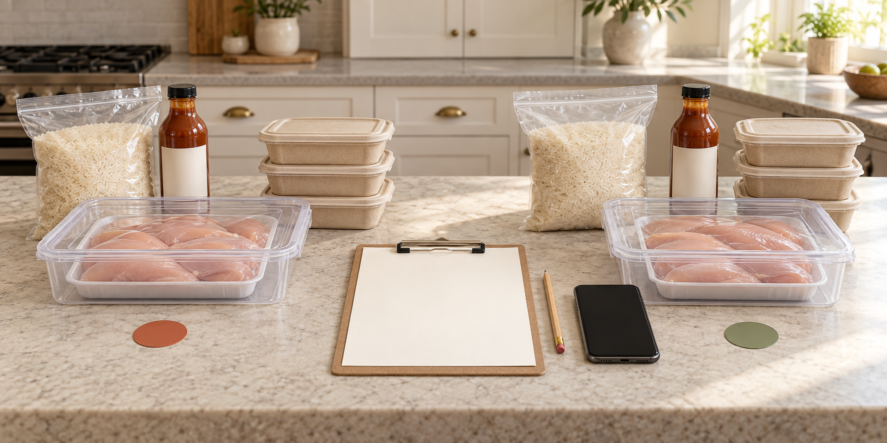 Matching groups of sealed ingredients and meal containers beside a blank supplier comparison sheet on a clean kitchen counter.