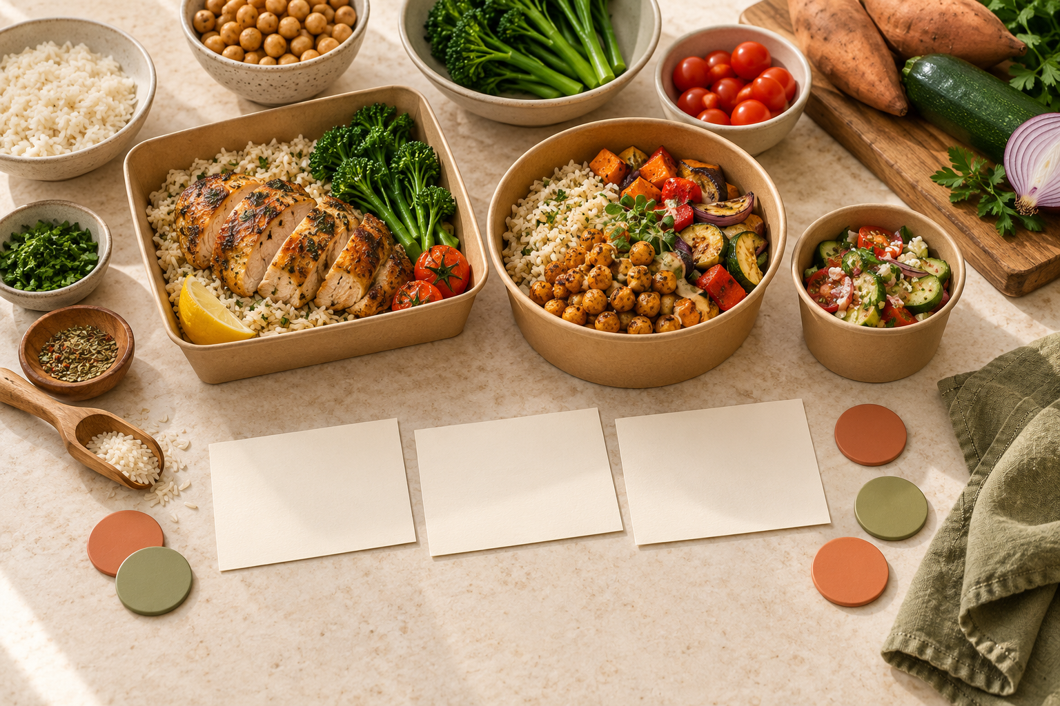 Chicken and chickpea meal containers with shared ingredients, three blank menu cards, and terracotta and sage planning tokens.