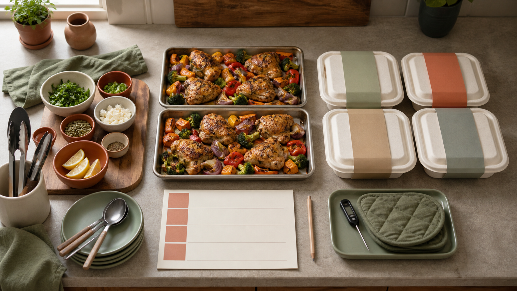 Cooked sheet-pan meals staged between measured ingredients, packed containers, and a blank production planner.