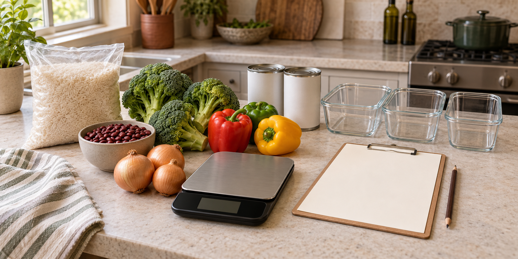 Rice, vegetables, beans, cans, empty meal containers, a scale, and a blank clipboard arranged on a kitchen counter.