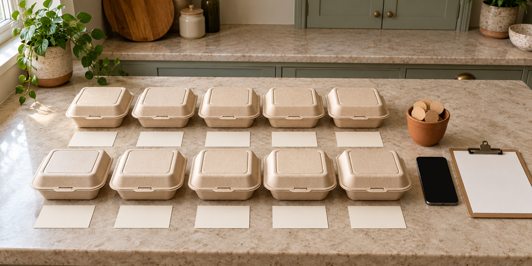 Ten closed meal containers with matching blank order cards, a phone, clipboard, and wooden customer tokens on a kitchen counter.