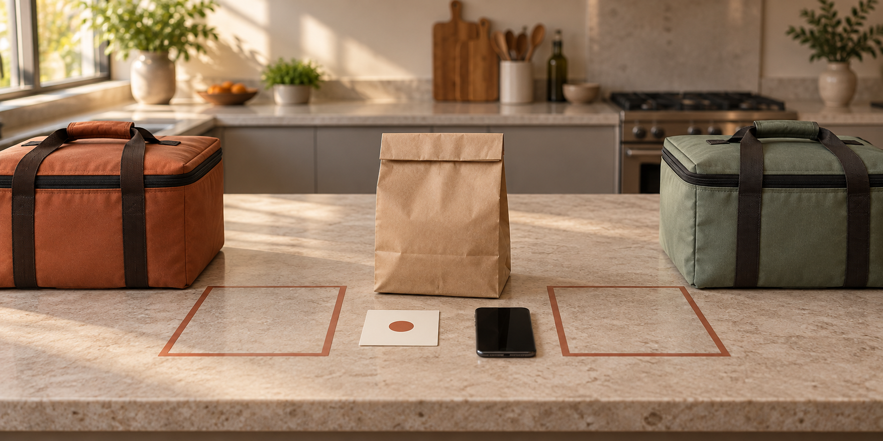 A sealed pickup bag beside two closed insulated carriers, a blank order card, and a phone on a clean kitchen counter.