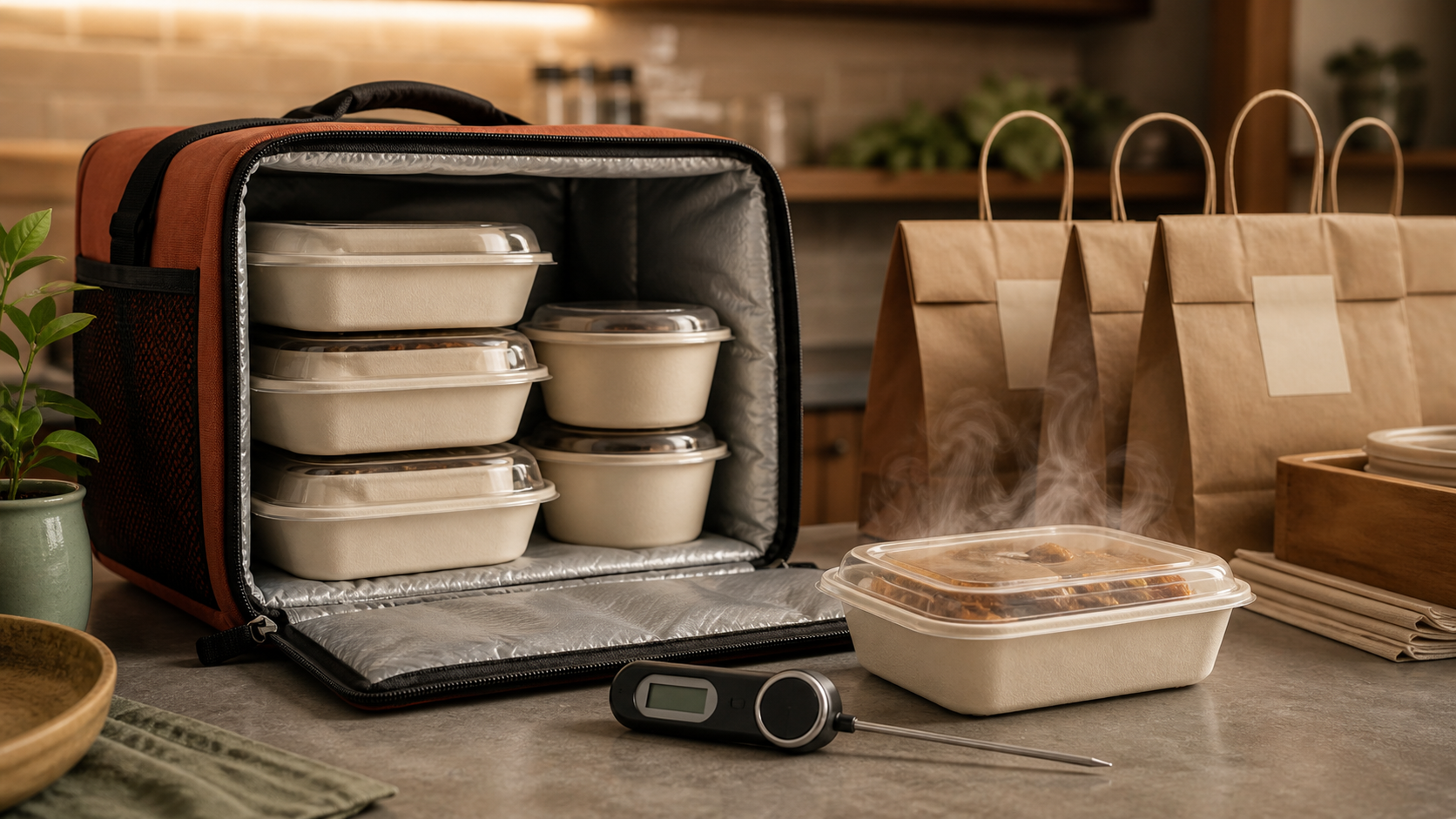 An insulated carrier filled with sealed meal containers beside pickup bags and a clean probe thermometer.