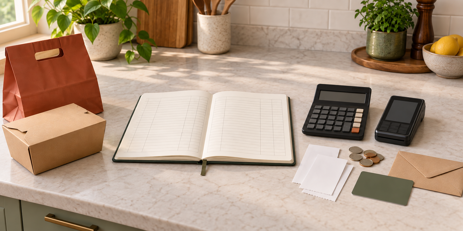 A sealed takeout order beside an open blank ledger, unmarked calculator, card reader, blank receipts, coins, and an envelope.