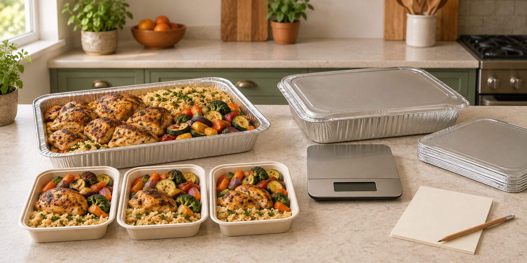 A cooked catering tray, covered tray, three sample portions, blank scale, and blank quote materials on a clean kitchen counter.