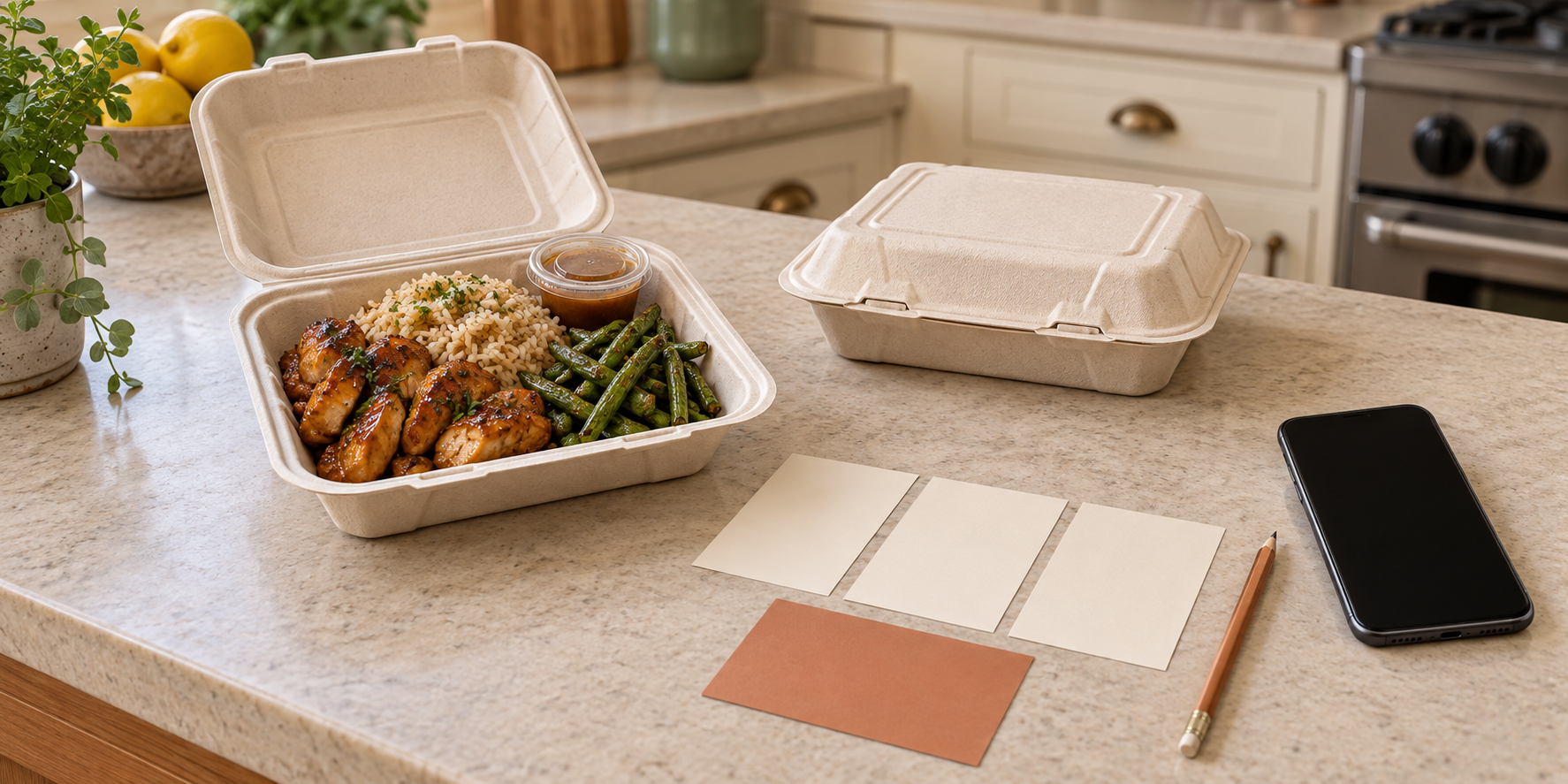 A cooked chicken, rice, and green bean plate beside blank menu cards, a closed container, pencil, and phone on a clean kitchen counter.